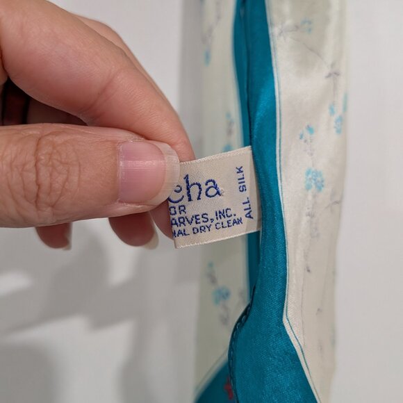 Sacha 100% Silk Floral Long Scarf Teal Cream VINTAGE - Picture 3 of 4